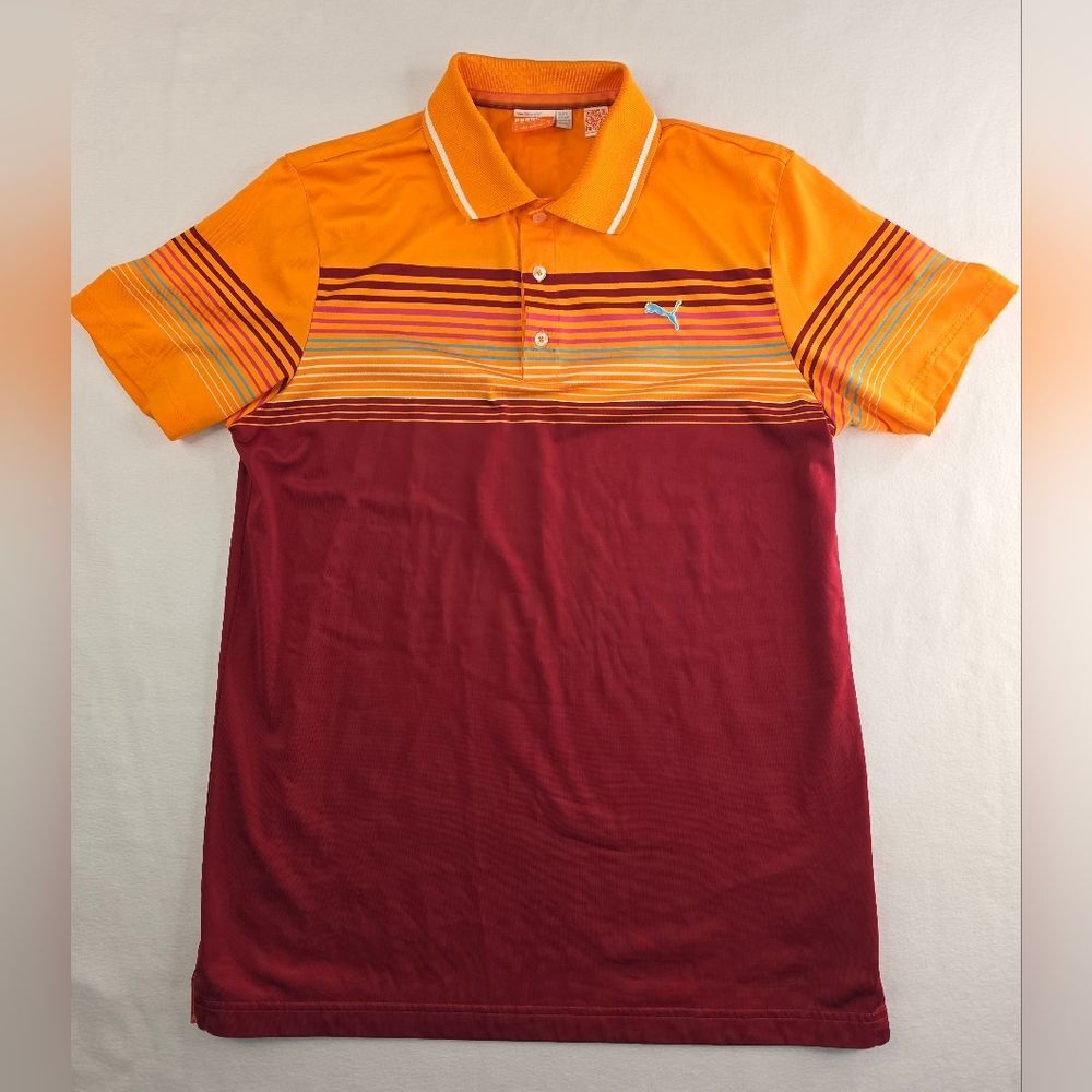PUMA Golf Tour Edition Colorblock Stripe Polo Orange Red Size Medium K-2197